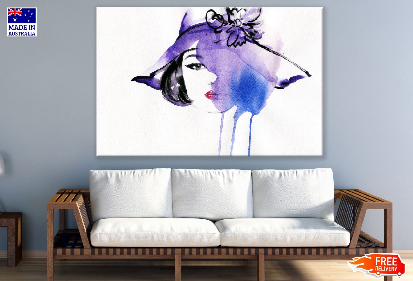 Woman Face & Purple Hat Abstract Watercolor Painting Print 100% Australian Made