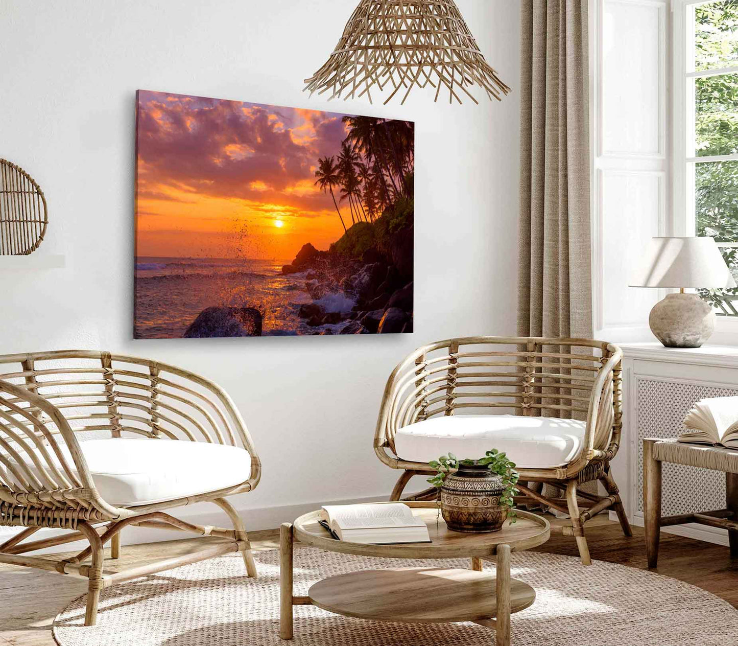 Bella Home Sunset Beach With Palm Trees & Rocks Print Canvas Ready to hang