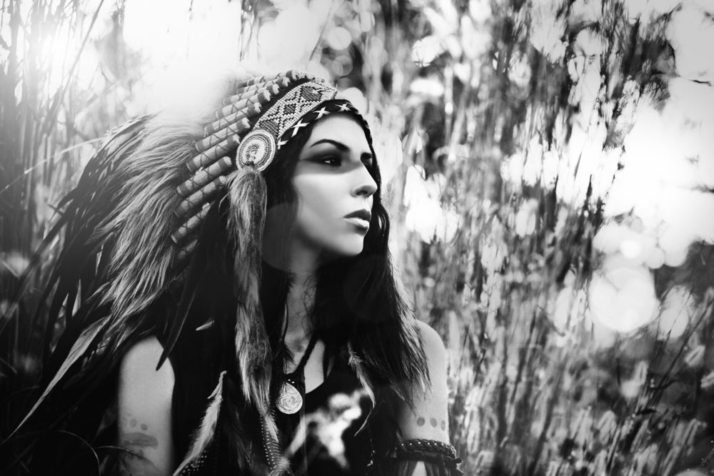 Indian Native Girl with Feather Headdress B&W Photograph Print 100% Australian Made