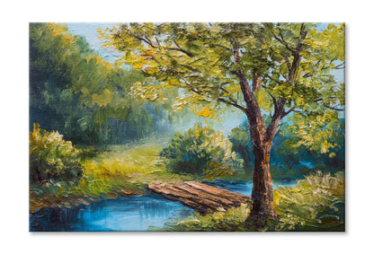 Wooden Pier on Lake & Green Forest Trees Oil Painting Wall Art Limited Edition High Quality Print Stretched Canvas None