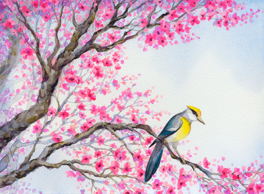 Wallpaper Murals Peel and Stick Removable Pink Flower Tree & Bird Watercolor Painting High Quality