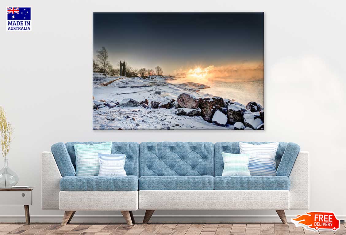 Snow Rocks near Seashore Sea View Photograph Print 100% Australian Made