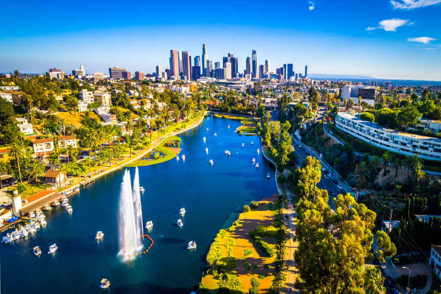 Los Angeles Skyline & Lake Aerial View Photograph Print 100% Australian Made