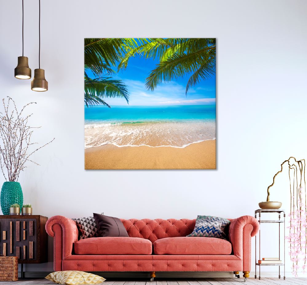 Square Canvas Tropical Beach & Palm Leaves View Photograph High Quality Print 100% Australian Made