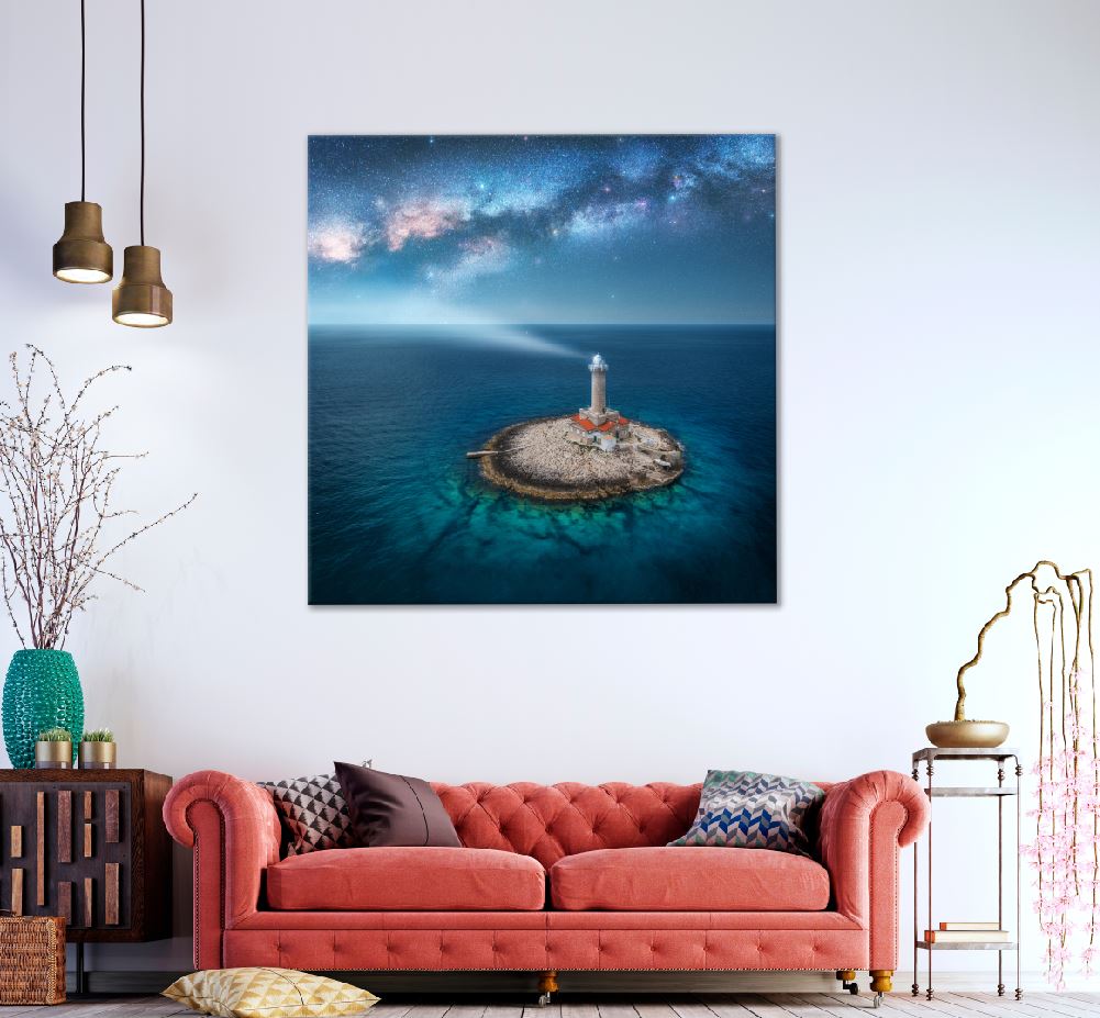 Square Canvas Lighthouse Beam Night Aerial View Photograph High Quality Print 100% Australian Made