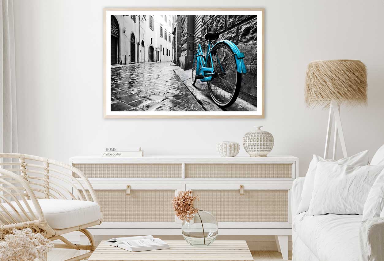 Blue Bike on Old Town Street B&W Photograph Home Decor Premium Quality Poster Print Choose Your Sizes