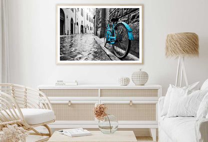 Blue Bike on Old Town Street B&W Photograph Home Decor Premium Quality Poster Print Choose Your Sizes