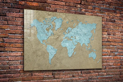 Vintage Blue World Map Print Tempered Glass Wall Art 100% Made in Australia Ready to Hang