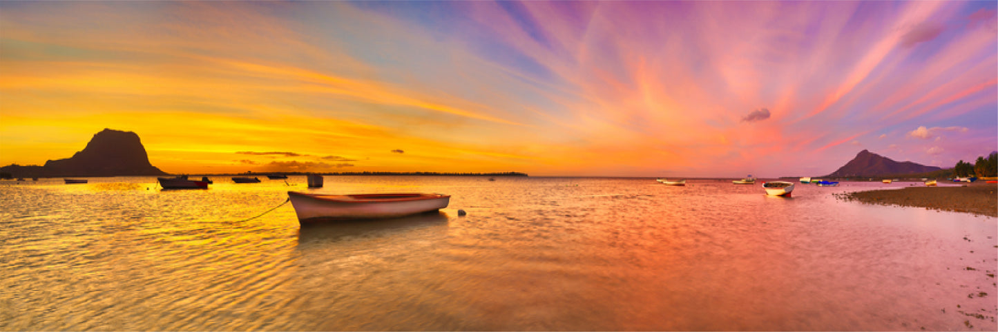 Panoramic Canvas Boat on Lake Sunset Photograph High Quality 100% Australian Made Wall Canvas Print Ready to Hang
