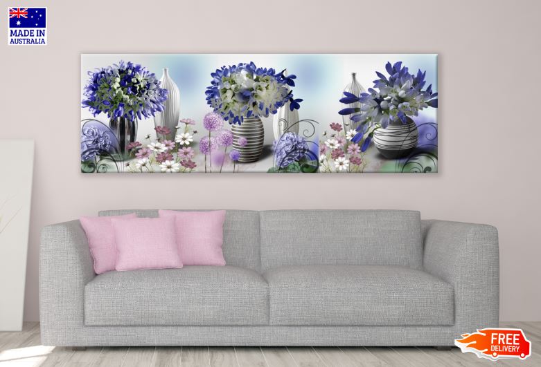 Panoramic Canvas Colorful Flower Vases Painting High Quality 100% Australian Made Wall Canvas Print Ready to Hang