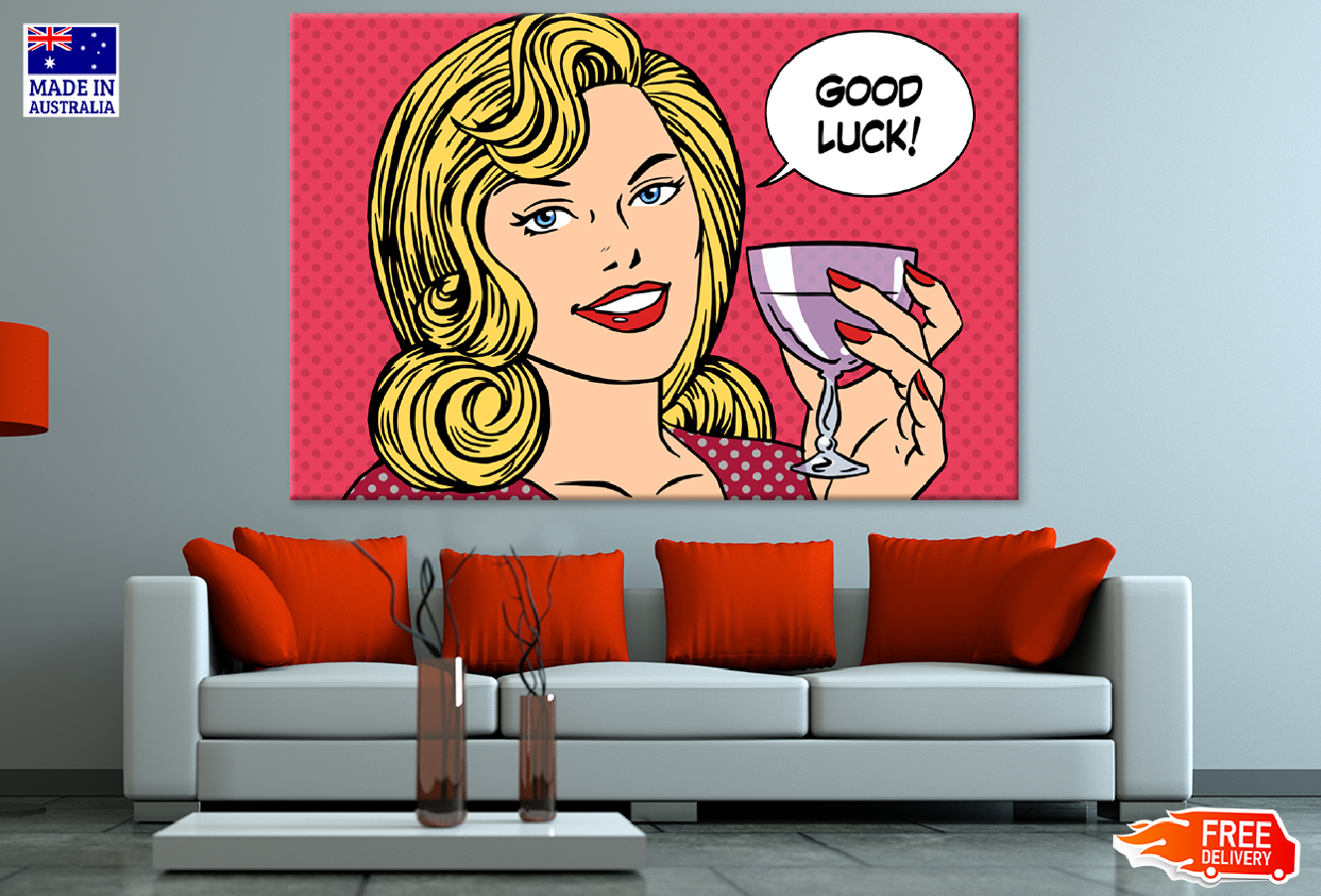 Girl with Wine Glass & Good Luck Speech Bubble Illustration Print 100% Australian Made