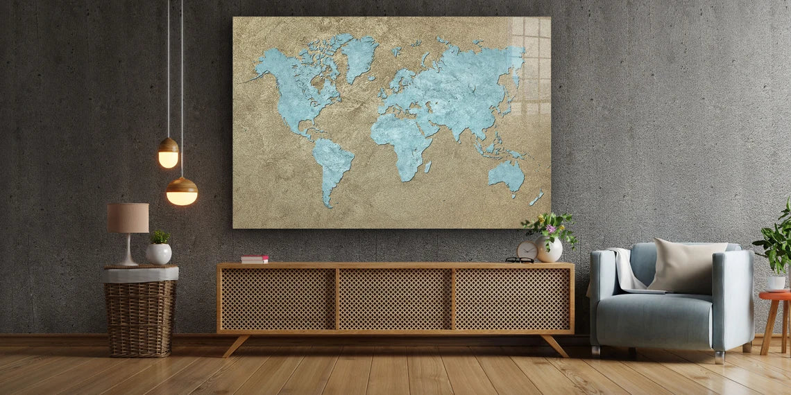 Vintage Blue World Map Print Tempered Glass Wall Art 100% Made in Australia Ready to Hang