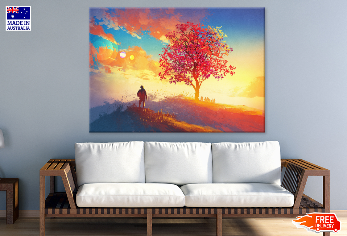 Man In Mountain & Tree Sunset View Print 100% Australian Made