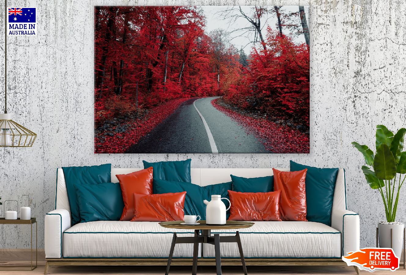 Road Covered Autumn Red Leaves Trees Forest Photograph Print 100% Australian Made