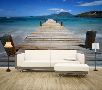 Wallpaper Murals Peel and Stick Removable Wooden Pier Over Stunning Beach Photograph High Quality