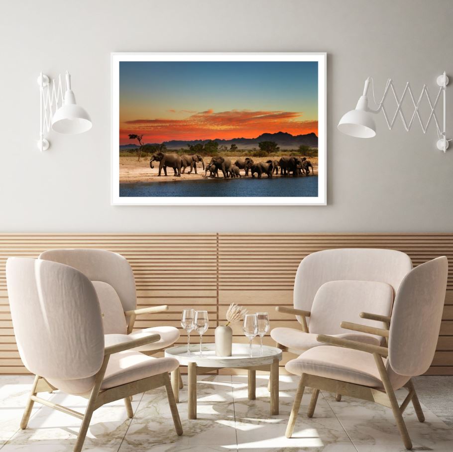 Elephants Walk by Lake at Sunset Photograph Home Decor Premium Quality Poster Print Choose Your Sizes