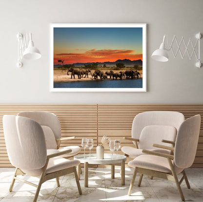 Elephants Walk by Lake at Sunset Photograph Home Decor Premium Quality Poster Print Choose Your Sizes