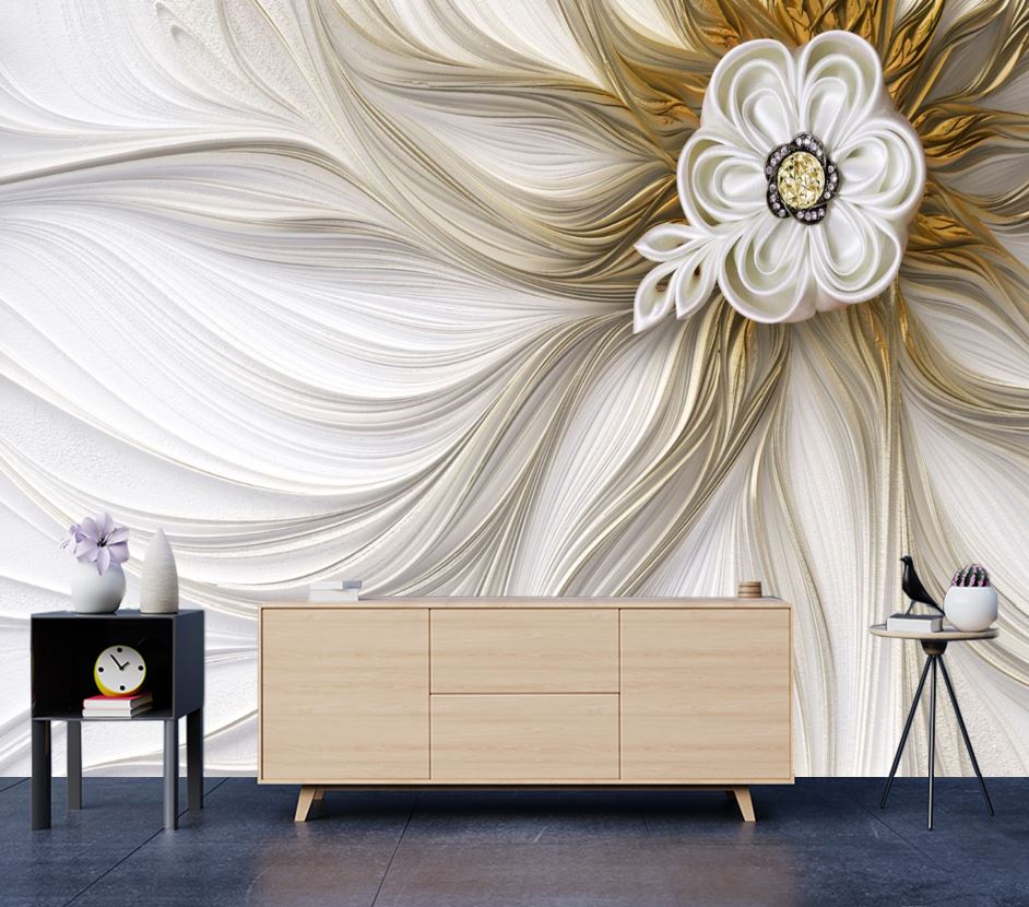 Wallpaper Murals Peel and Stick Removable Gold & White 3D Abstract Flower Design High Quality