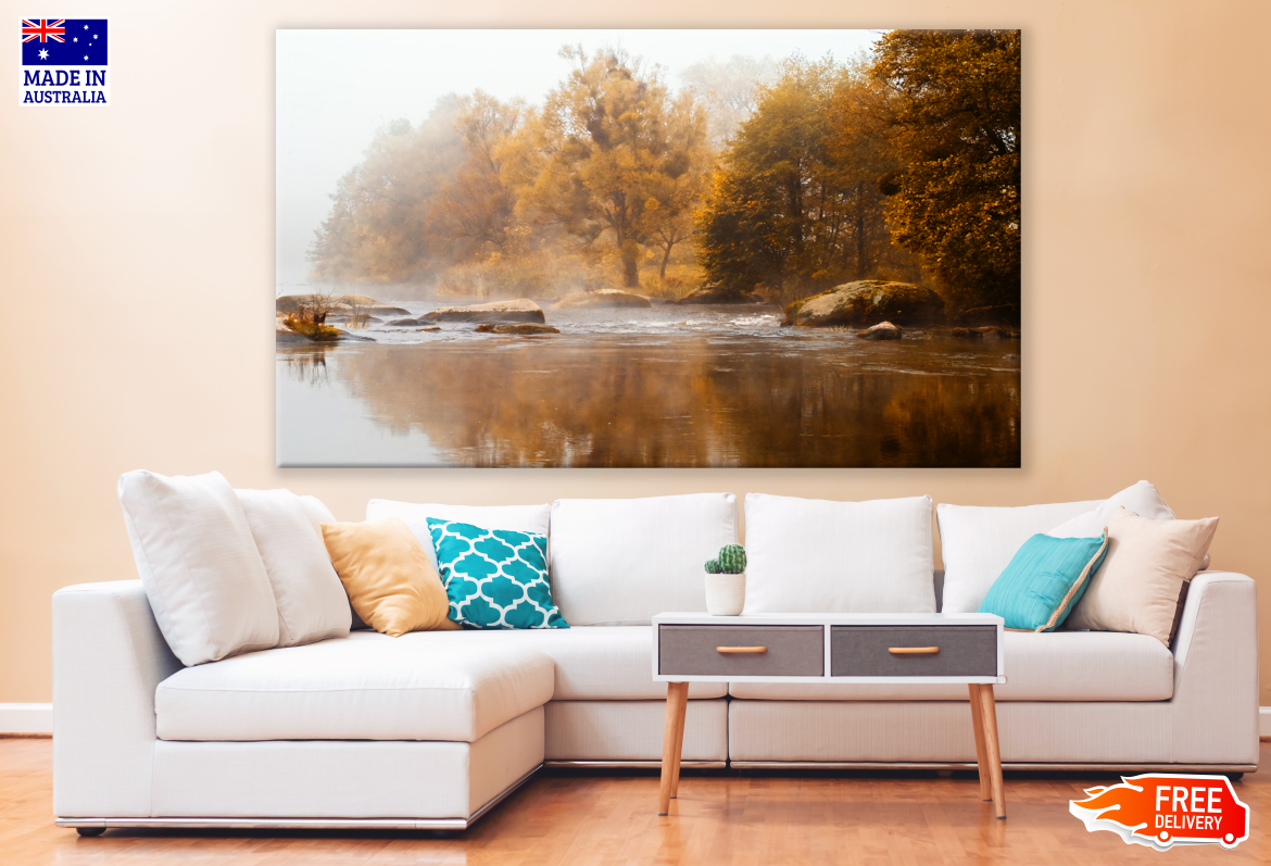 River Stream with Autumn Tree Forest Misty Photograph Print 100% Australian Made