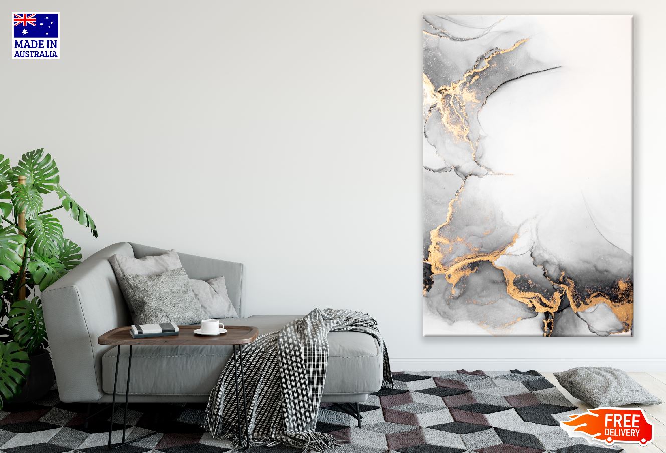 White Gold & Grey Abstract Design Print 100% Australian Made