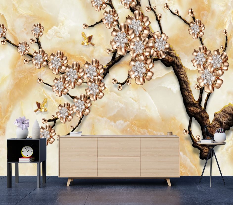 Wallpaper Murals Peel and Stick Removable Gold Floral Tree Design High Quality