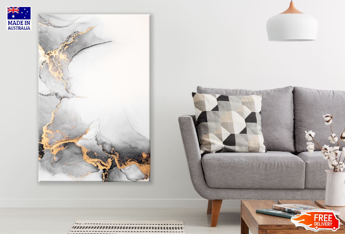 White Gold & Grey Abstract Design Print 100% Australian Made