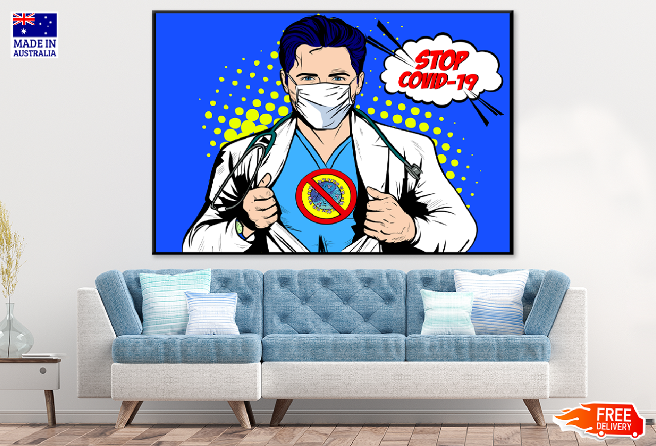 Stop Covid-19 Super Hero Illustration Print 100% Australian Made
