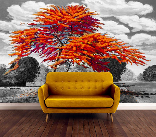 Wallpaper Murals Peel and Stick Removable Orange Leafy Tree in B&W Background High Quality