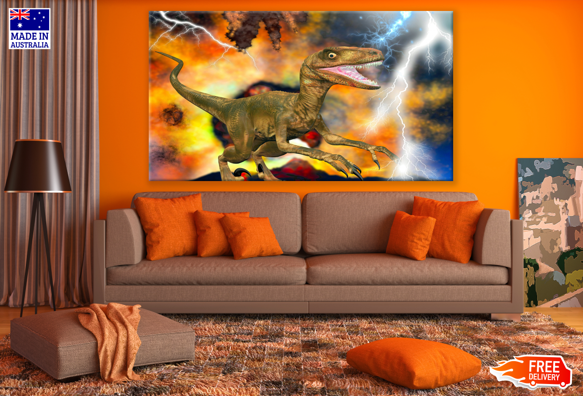 Dinosaur in Colourful Lightning Background Painting Print 100% Australian Made