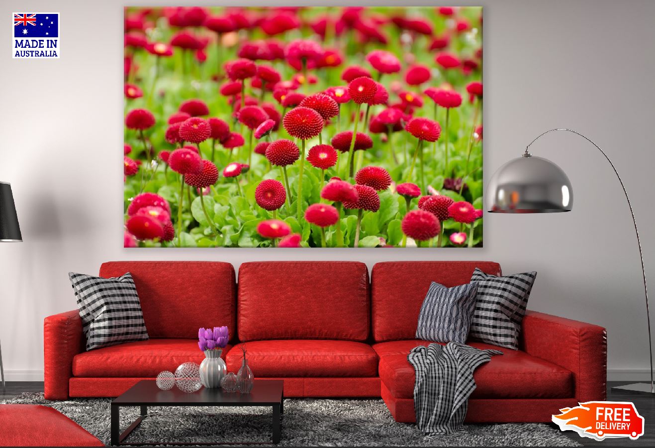 Red Bellis Flowers Field Photograph Print 100% Australian Made