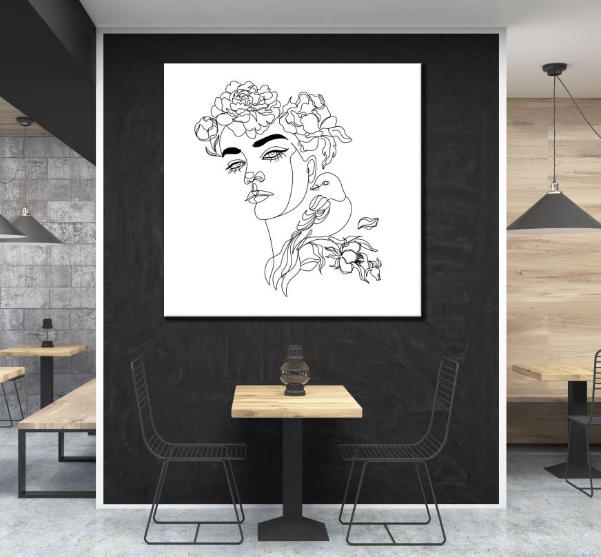 Square Canvas Face with Floral & Bird Line Art High Quality Print 100% Australian Made