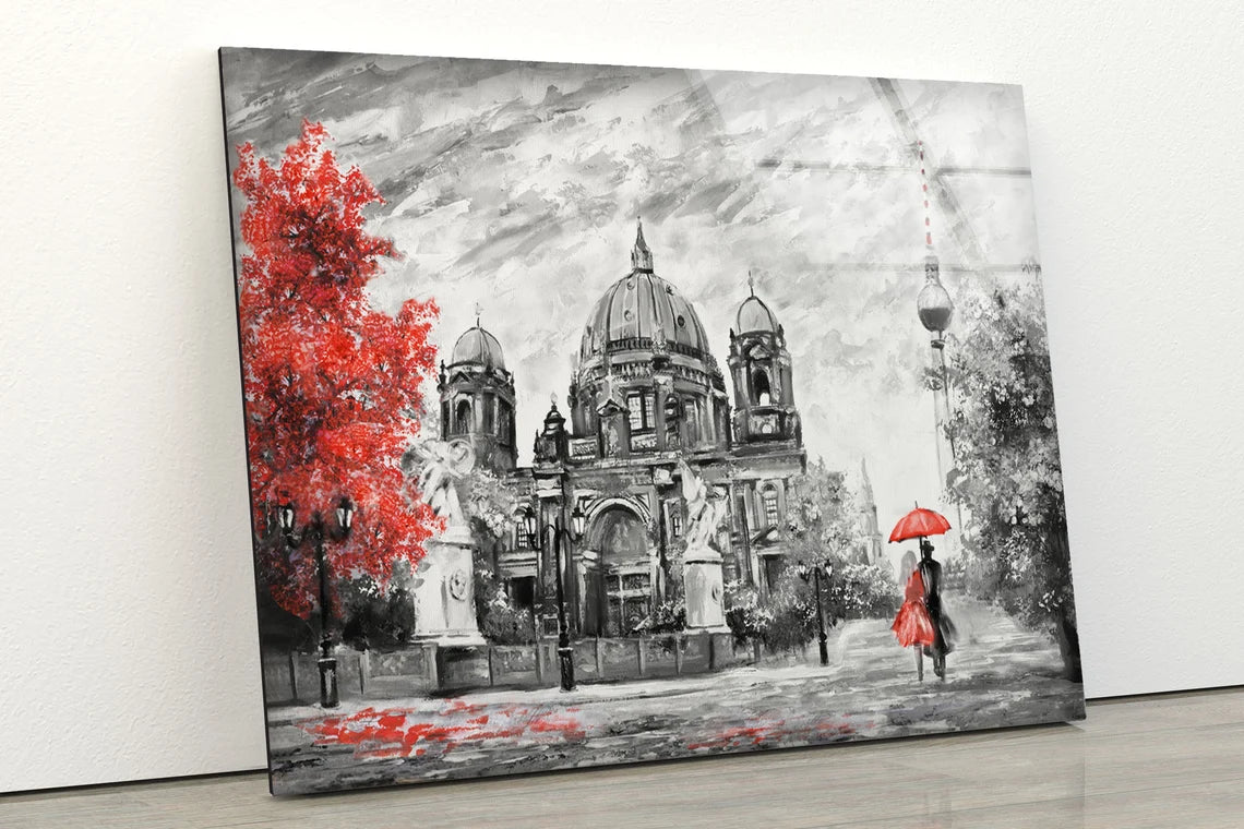 Couple Near Building B&W and Red Painting Acrylic Glass Print Tempered Glass Wall Art 100% Made in Australia Ready to Hang