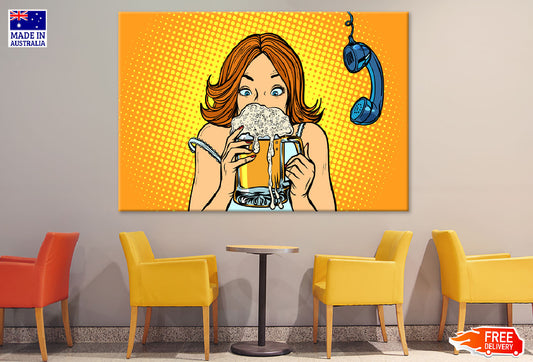 Girl Drinking Beer & Phone Hanging Print 100% Australian Made