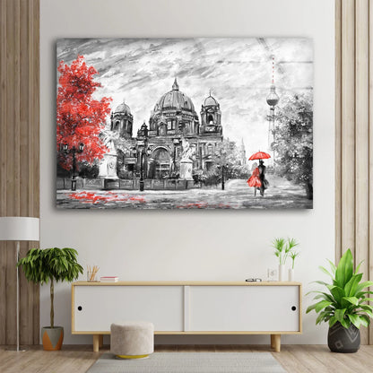 Couple Near Building B&W and Red Painting Acrylic Glass Print Tempered Glass Wall Art 100% Made in Australia Ready to Hang