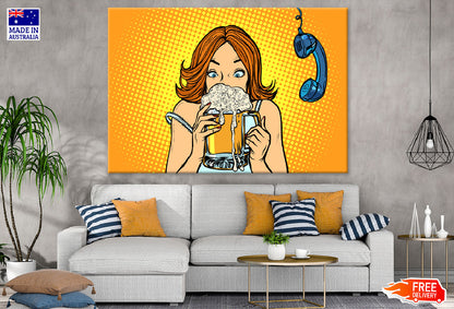 Girl Drinking Beer & Phone Hanging Print 100% Australian Made
