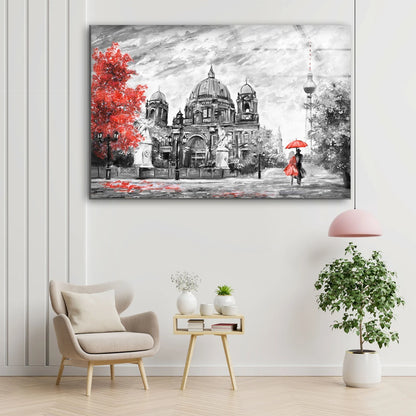 Couple Near Building B&W and Red Painting Acrylic Glass Print Tempered Glass Wall Art 100% Made in Australia Ready to Hang