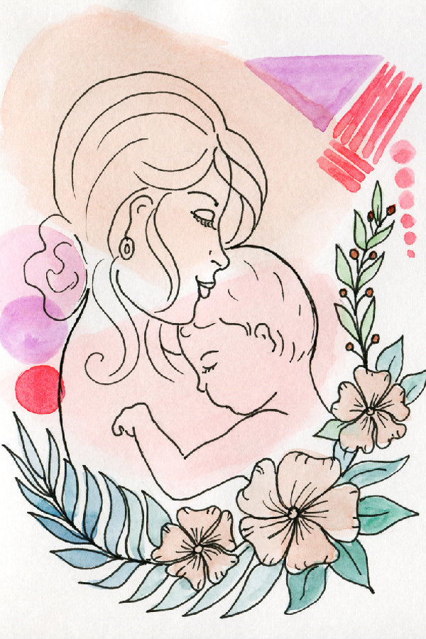 Mom & Son on Flowers Ornament Line Art Design Print 100% Australian Made