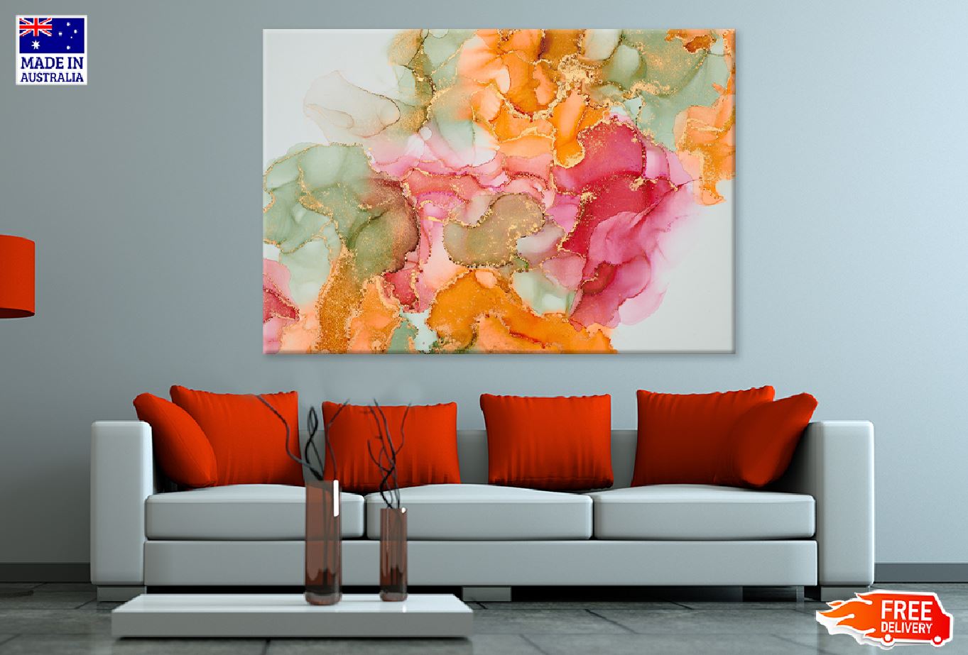 Pink Orange & Green Gold Abstract Design Print 100% Australian Made