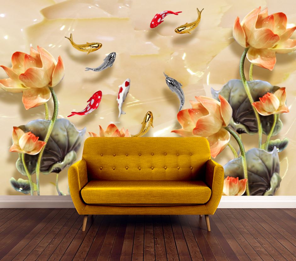 Wallpaper Murals Peel and Stick Removable Flowers & Fish 3D Design High Quality