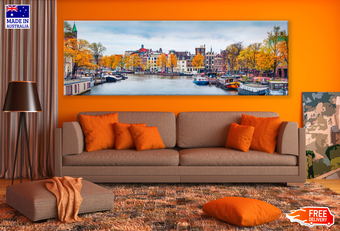 Panoramic Canvas Amsterdam Canal Boats & City High Quality 100% Australian made wall Canvas Print ready to hang