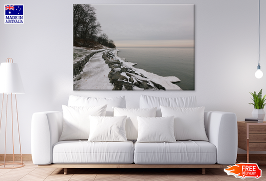 Snow Coverd Rocks & Sea B&W View Photograph Print 100% Australian Made