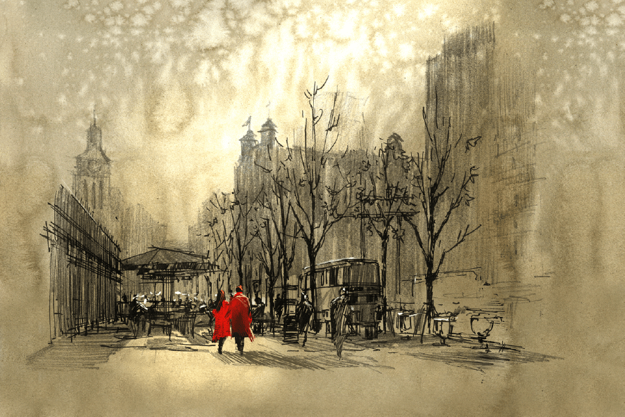 Couple in Red Walking on Street of City Painting Print 100% Australian Made