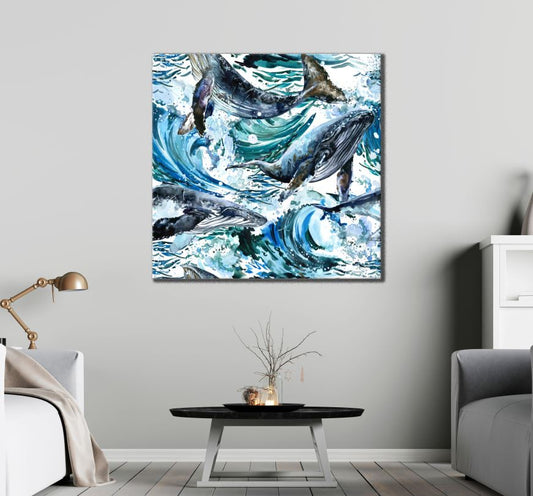 Square Canvas Watercolour Whale Painting High Quality Print 100% Australian Made