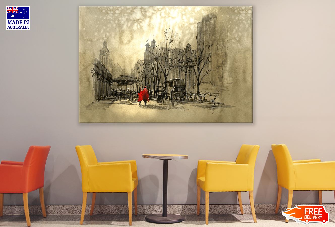 Couple in Red Walking on Street of City Painting Print 100% Australian Made