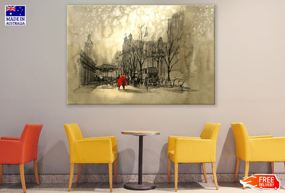 Couple in Red Walking on Street of City Painting Print 100% Australian Made