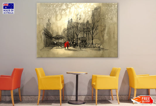 Couple in Red Walking on Street of City Painting Print 100% Australian Made
