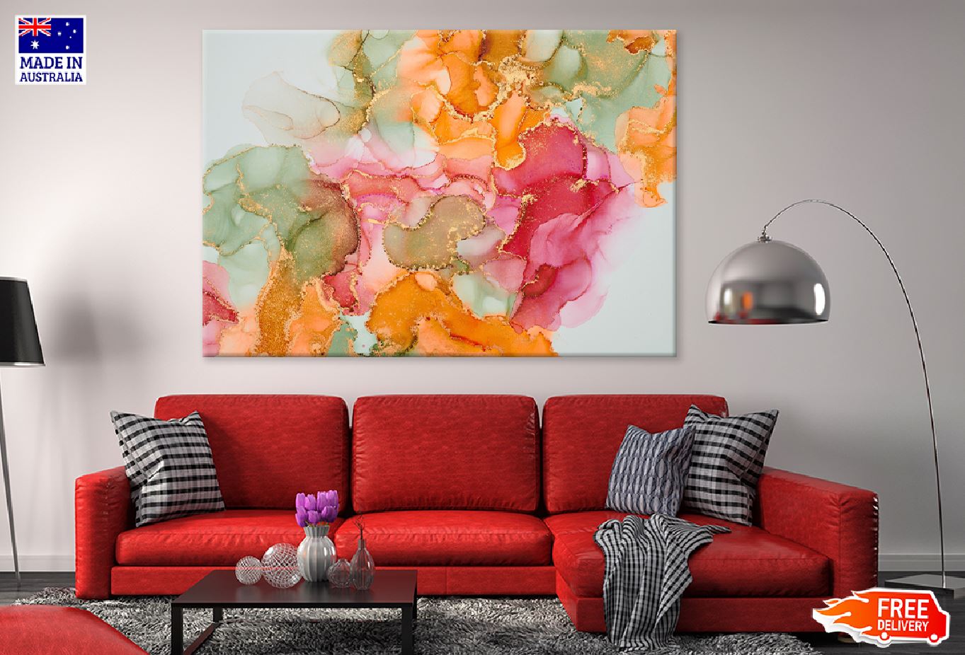 Pink Orange & Green Gold Abstract Design Print 100% Australian Made