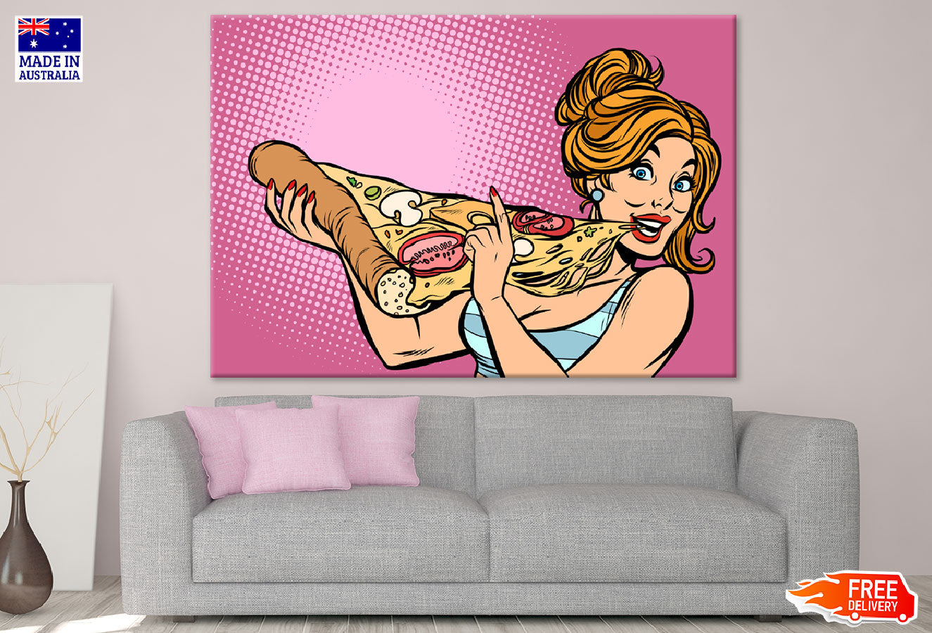 Girl Eating Huge Pizza Illustration Print 100% Australian Made