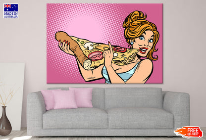 Girl Eating Huge Pizza Illustration Print 100% Australian Made