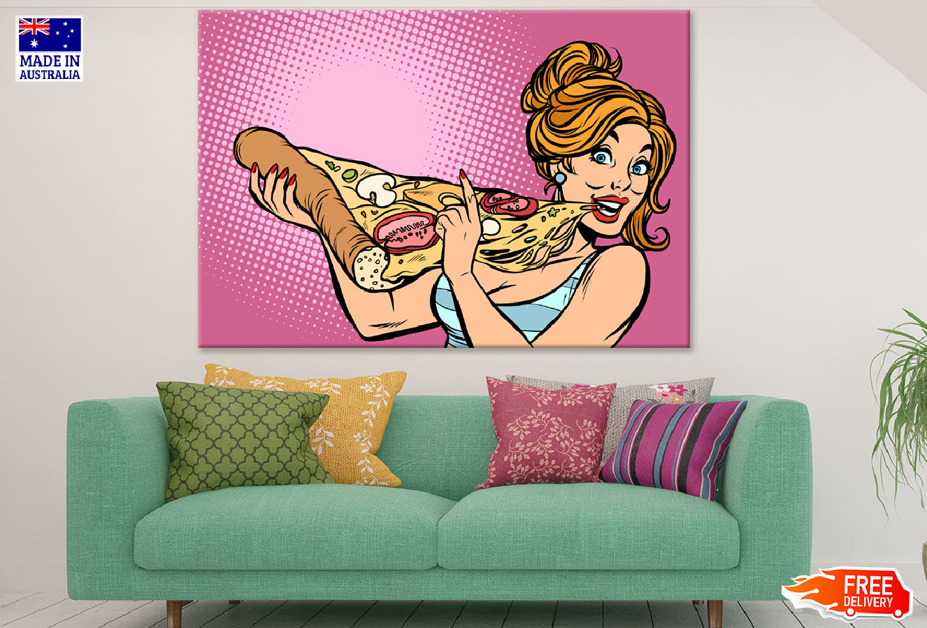 Girl Eating Huge Pizza Illustration Print 100% Australian Made
